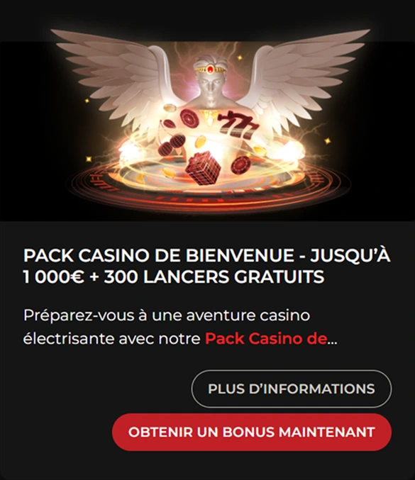 Pack casino bienvenue 1000€ + 300 lancers gratuits ange gardien ailes 777 dés jetons hologramme.