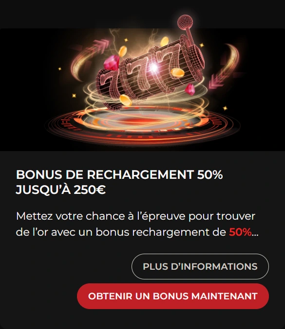 Bonus rechargement 50% jusqu'à 250€ panier shopping pièces or hologramme promotion casino rouge.