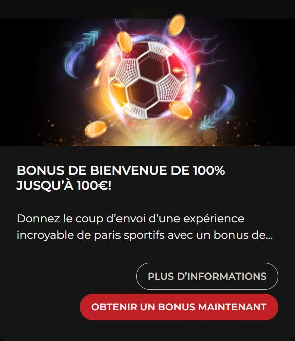 Bannière 3 cartes bonus casino sport avec images promotionnelles. Voici les attributs alt pour chaque carte (max 100 caractères): ​ 1. Bonus bienvenue 100% jusqu'à 100€ (gauche) "Bonus bienvenue casino 100% jusqu'à 100€ ballon foot feu flammes or bleu pièces bouton rouge.