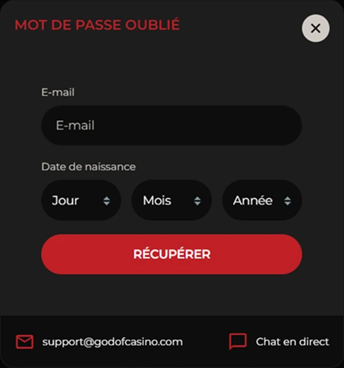 Formulaire récupération mot de passe oublié casino email date naissance bouton rouge récupérer.