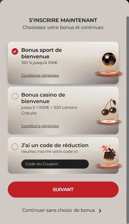 Formulaire inscription casino bonus sport bienvenue 100€ jetons pile pièces or sélection offre.
