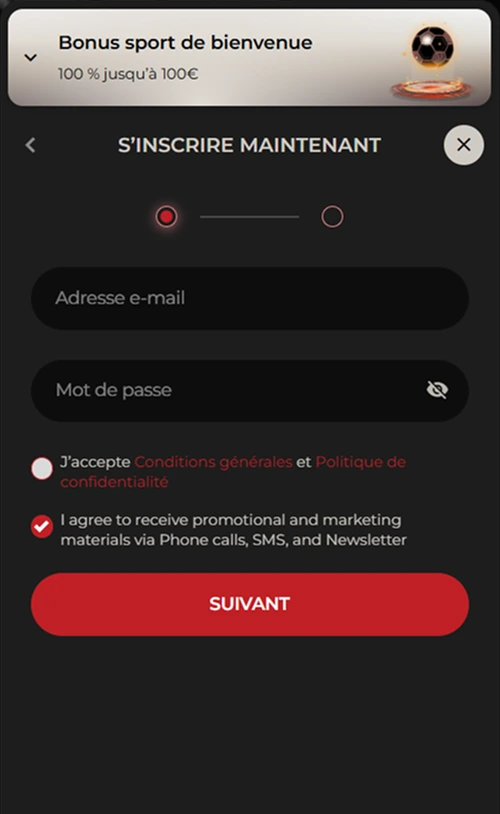 Formulaire inscription casino email mot de passe conditions générales bouton rouge suivant.