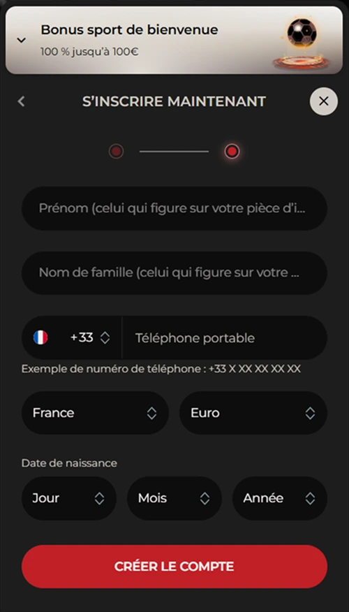 Formulaire inscription prénom nom téléphone France Euro date naissance créer compte casino.