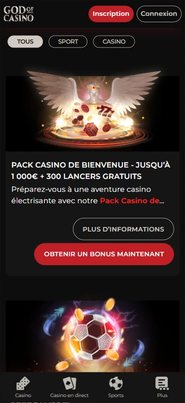Pack casino bienvenue 1000€ + 300 lancers gratuits ange ailes hologramme ballon football flammes.