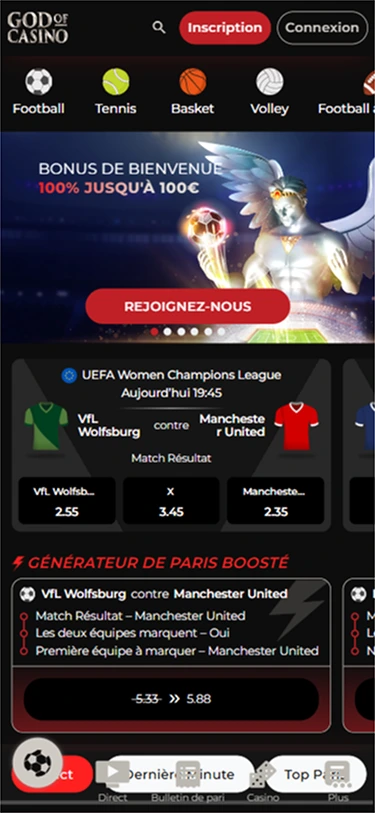 Bonus bienvenue 100% 100€ gardiens ailes stade UEFA générateur paris boosté football Wolfsburg.