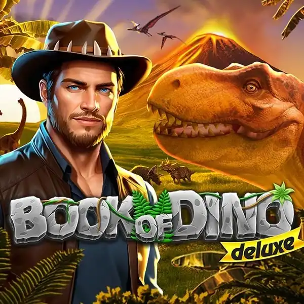 Slot Book of Dino Deluxe, explorateur dinosaure T-Rex, machine à sous préhistoire aventure.