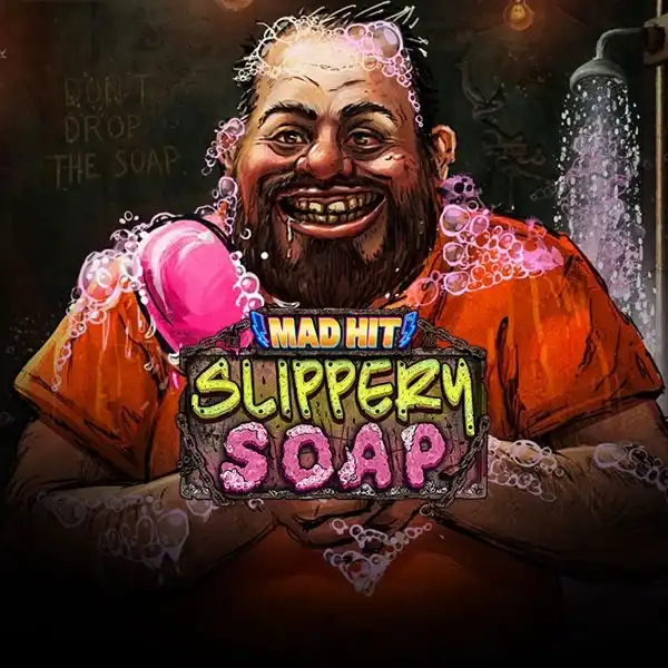 Slot Mad Hit Slippery Soap, homme savon rose humour fou, machine à sous jeu amusant original.