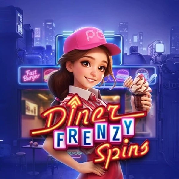 Slot Diner Frenzy Spins, serveuse chapeau rose néon rétro, machine à sous restaurant casino.